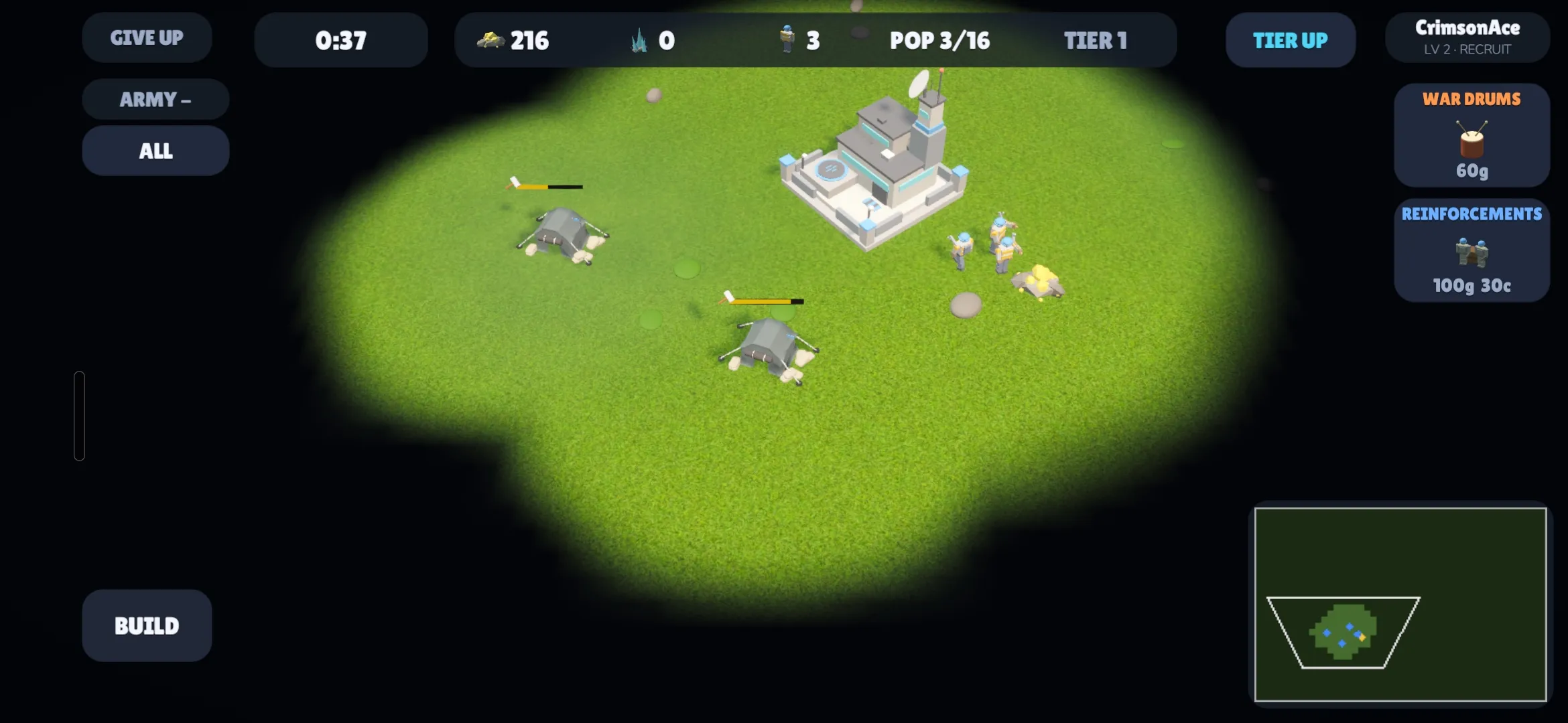 Your first tower, workers on the nearest gold mine, and fog everywhere else.