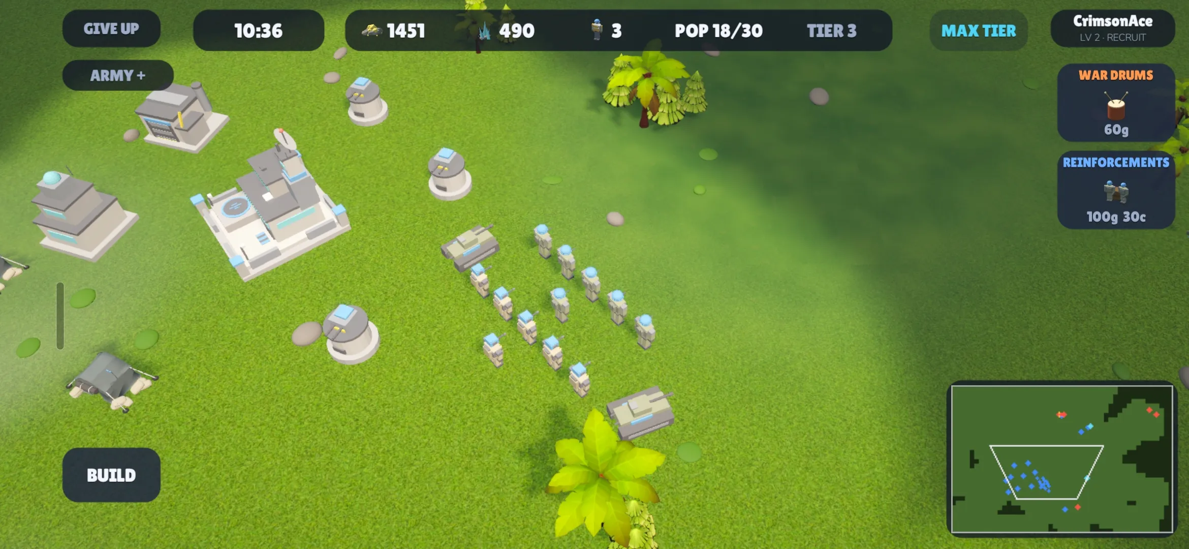 A tier-3 base in full production — factories, turrets, and an army massing.